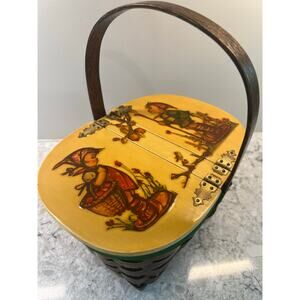 Vintage Basket J. Hummel Print on Cover Green Fabric Interior 11"x9"x7" JL